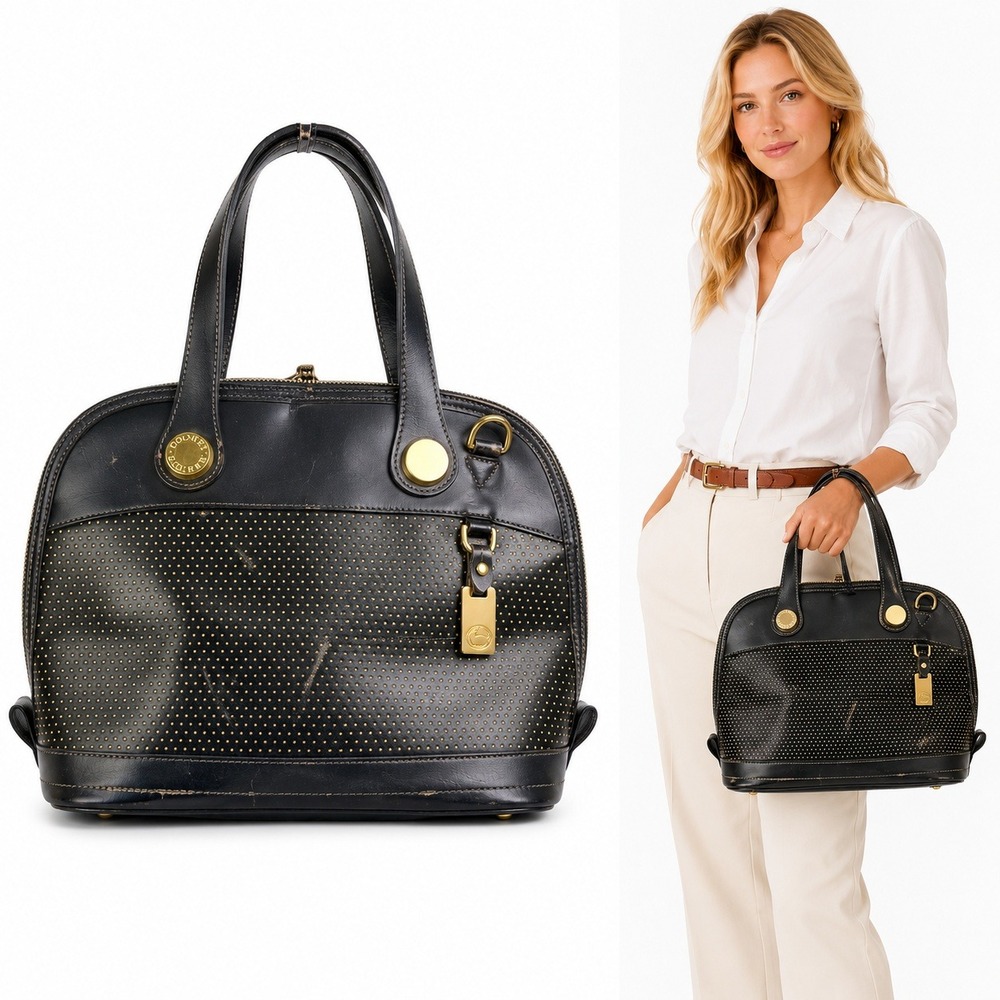 Dooney & Bourke Vintage Cabriolet Satchel Black Leather‎ Gold Trim Old Money